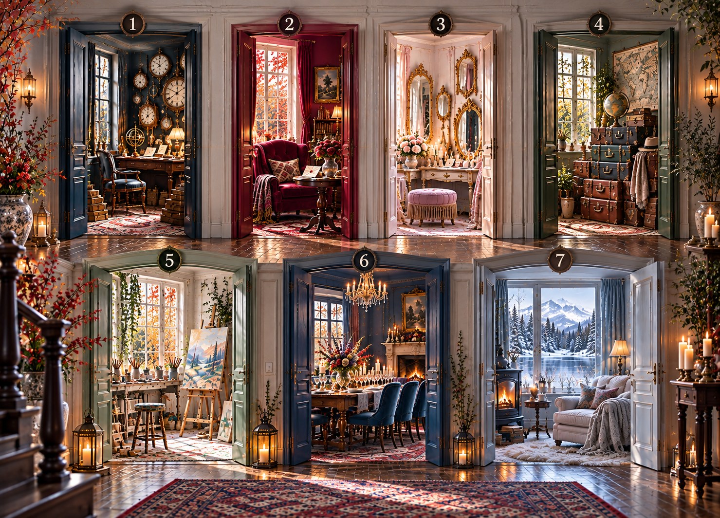 The Autumn House — seven open doors numbered from 1 to 7
